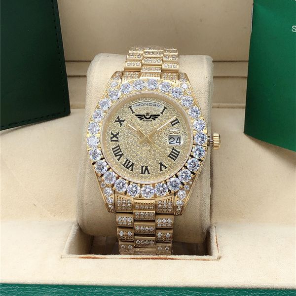 

full diamond roman dial watch 218238 sapphire big diamond bezel 43mm 18k yellow gold men men's 2813 automatic watches wristwatch with o, Slivery;brown