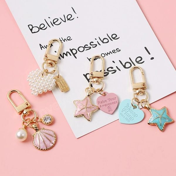 

women girls heart shell pendant keychain fashion elegant letter label imitation pearls key chain handbag hanging charm keyring, Slivery;golden