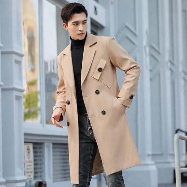 

winter trench coat men wool jacket men's highquality long man casual slim collar brand 220822, Black