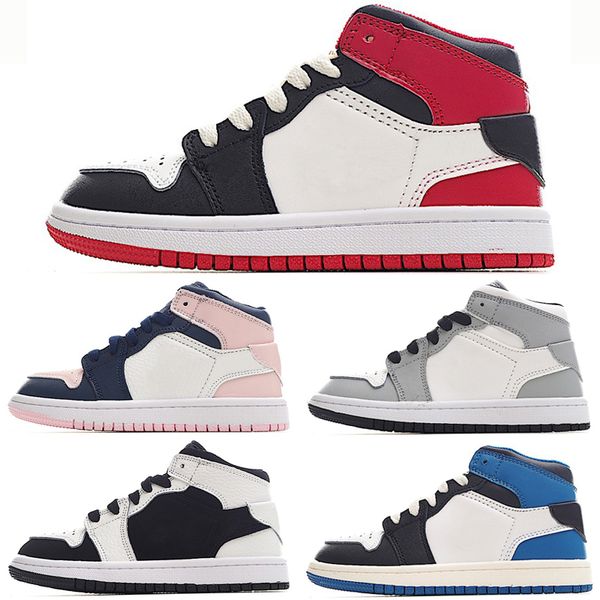 

basketball shoes kids jumpman 1s cool grey 1 mid se craft white inside out red blue pink children, White;red