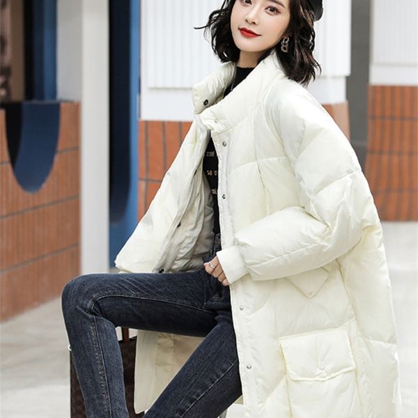 

2022 winter down jacket women coat 90% white duck down loose stand collar solid luxury warm outerwear fashion streetwear 220822, Black