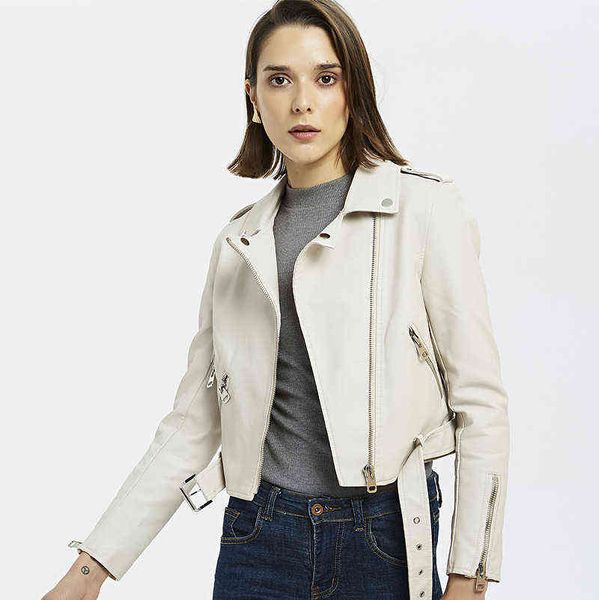 

autumn women short faux pu jacket slim fashion punk outwear motorcycle leather jacket casual coat t220810, Black