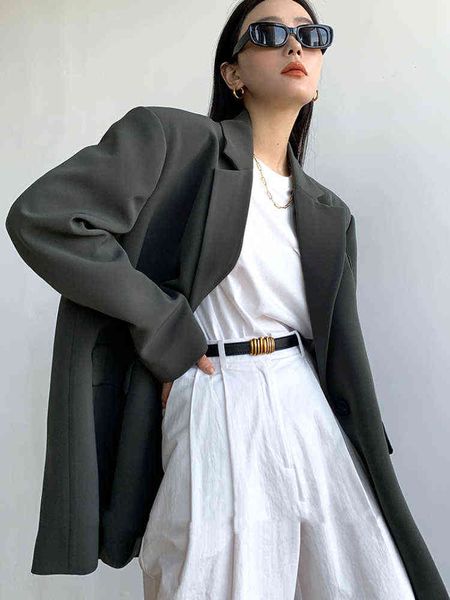 

women stylish loose solid blazer office ladies chic notched collar full sleeve grey jacket elegant spring fall outfit j220813, White;black