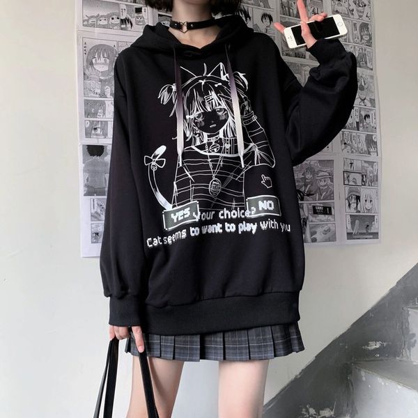 

women's hoodies sweatshirts deeptown gothic emo anime print white hoodies wome 220823, Black