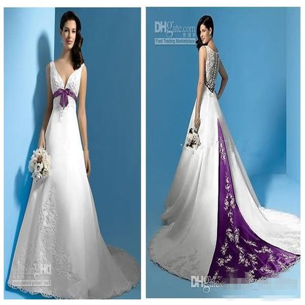 

latest design a line wedding dresses selling princess long bridal gowns w1428 spring v-neck sash white and purple satin beaded361m