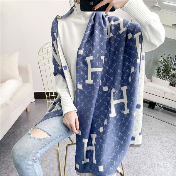 

2020 cashmere scarf winter h letter women's shawl thick warm, Blue;gray