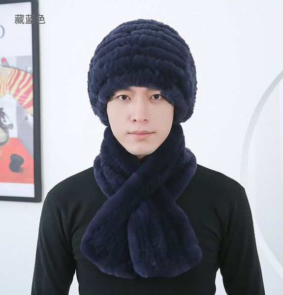 

men's real rex rabbit fur hat scarf sets winter warm beanie cap hunting ski, Blue;gray