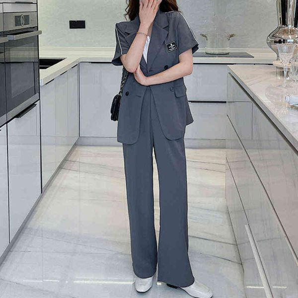 

summer casual black women office pant suit 2022 short sleeve blazer loose high waist wide pipes pants two piece set female outfit j220813, White;black