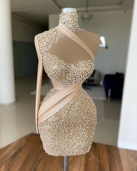 

high neck pearls cocktail dresses one shoulder long sleeve sequined beaded women prom dress champagne evening gowns for ps, Black