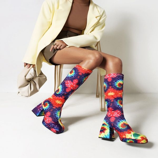 

dress shoes fireworks multicolor pattern super high thick heel square toe women's boots snake pattern tapered heel knee-length boots, Black