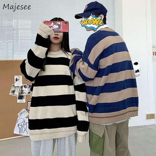 

men oversize pullovers classic retro striped korean style slouchy allmatch basic sweaters trendy students couples 220822, White;black