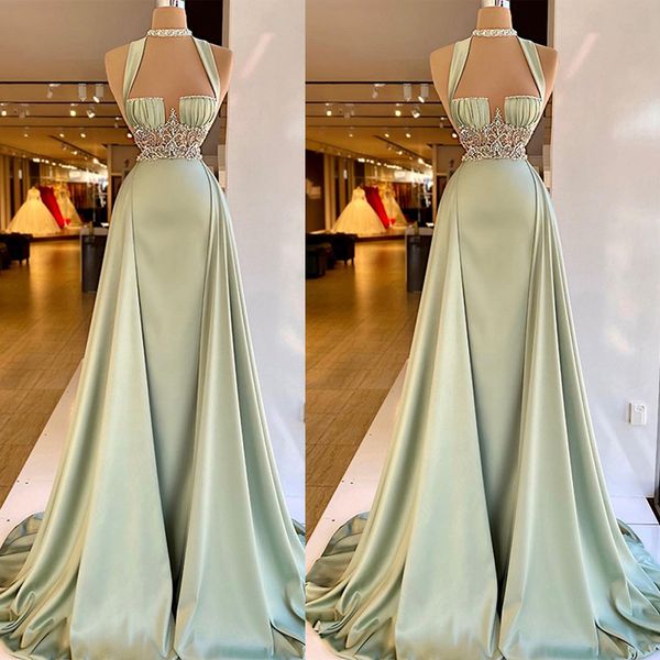 

evening dress arabian green mermaid prom gowns 2022 elegant sleeveless halter neck satin beaded long party special occasion wear, Black;red
