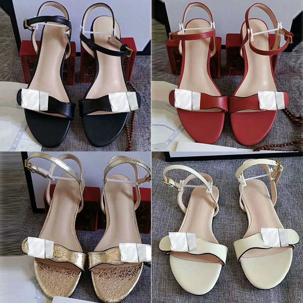 

leather double golden flat sandals designer women shoe hardware ankle strap sandals, Black