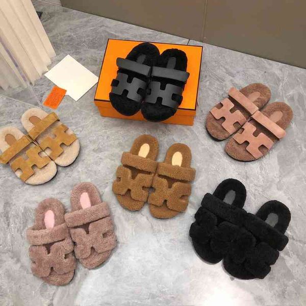 

herme designer slippers chypre sandals 2022 autumn and winter h wool teddy fur one wool warm casual thick soled second uncle, Black