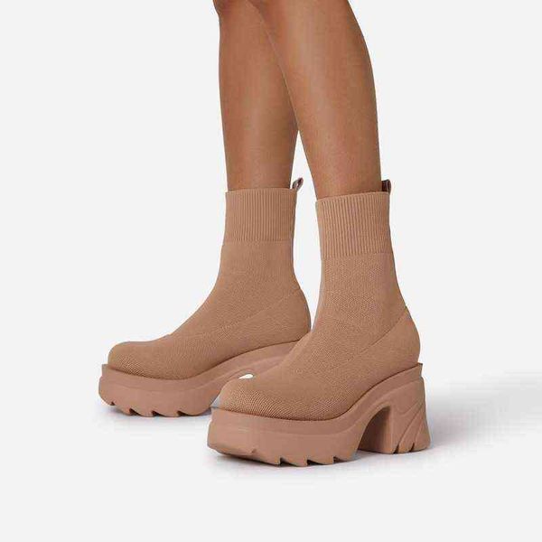 

autumn and winter new polyurethane sponge cake thick-soled socks boot 's fashion flying knitted elastic ankle 220815, Black