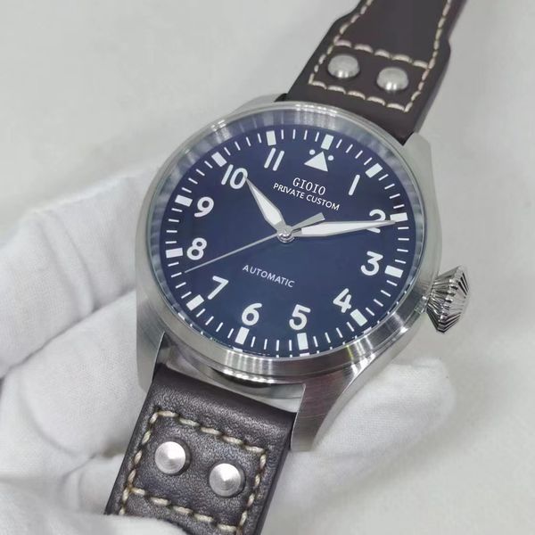 

43mm mens automatic mechanical watch blue brown black leather, Slivery;brown