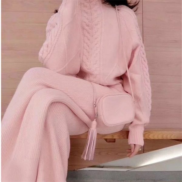

women's two piece pants runway women's suit style autumn winter kintted set hemp pattern sweater fashion wide leg pants twopiece s, White