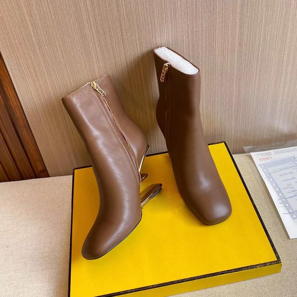 

latest fashion f sculpted high-heeled short boots metallic high heels side zipper square toe brown calfskin ankle boots leather outsole for, Black