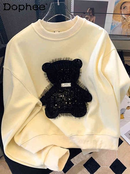 

cute cartoon bear lace sequined sweatshirt women 2022 fall winter new simple pullover mesh crew neck casual white fleece hoodies, Black