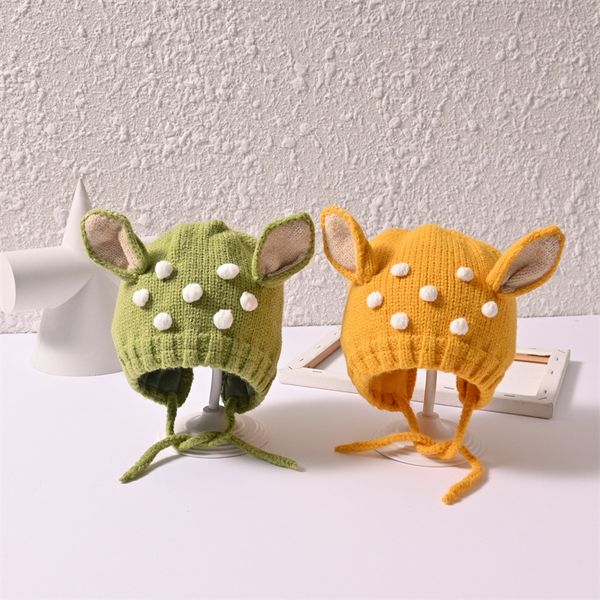 

m470 autumn winter cute baby cartoon deer ears hat thick warm kids knitted cap girls boys beanies lace up children babies hat, Yellow