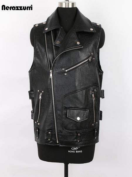 

mauroicardi autumn black motorcycle leather vest men zipper pockets plus size faux leather biker sleeveless jacket 4xl 5xl 220822