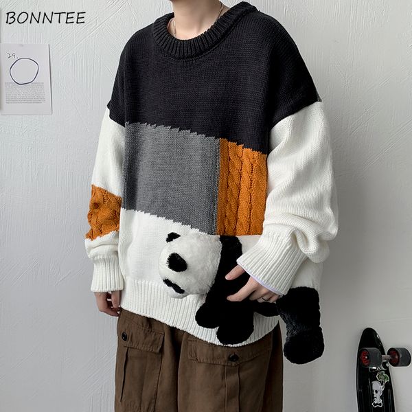 

sweater men autumn patchwork knitwear loose allmatch fashion daily outdoor oneck chandails leisure clothing minimalist 220822, White;black