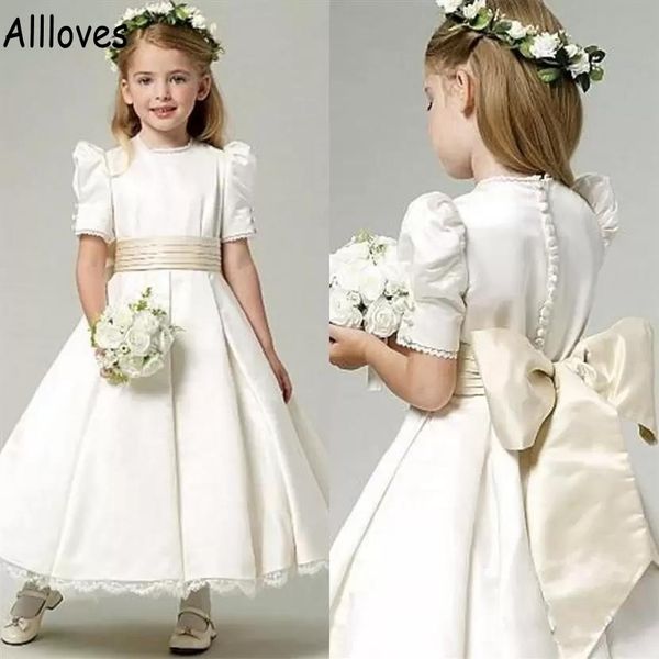 

vintage ivory satin flower girl dresses for wedding short sleeves big bow sash little girl first communion birthday party gowns princess kid, White;blue