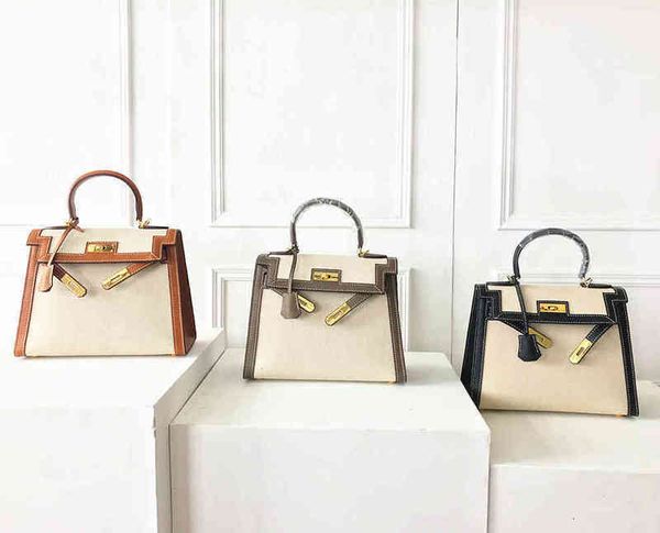 

bags evening luxury herme designer handbag leather kely bag women's big lychee grain with canvas contrast portable shoulder