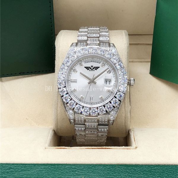 

full diamond silver dial president watch 128238 43mm 18k white gold men box, Slivery;brown