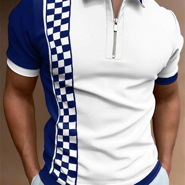 

men polo shirts summer print casual daily short sleeve plaid mens shirts fashion lapel zipper patchwork polo shirts 220822, White;black