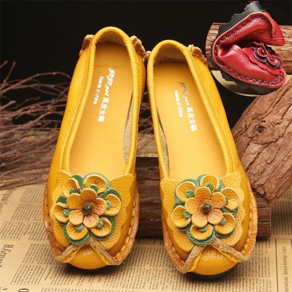 

spring leather shoes women flats style flower genuine for female casual woman loafers 220819, Black