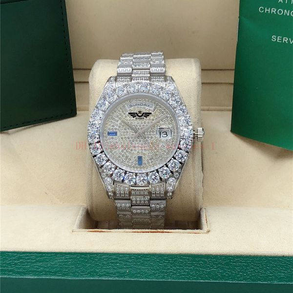 

full diamond watch red diamond dial president 218238 43mm 18k yellow gold men men's 2813 automatic watches wristwatch with original box, Slivery;brown