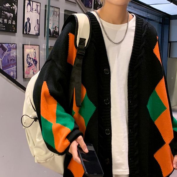 

men's jackets autumn male casual knit jacket korean men's knitted cardigan fashion plaid man oversized sweaters 220826, Black;brown