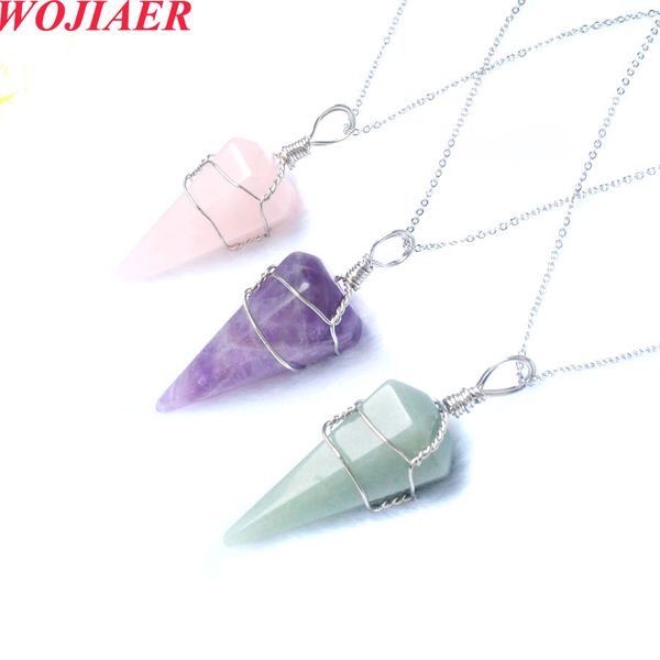 

wojiaer men's cone stainless wire wrap chain pendant pendulum couple stone quartzs crystal necklace bo986, Silver