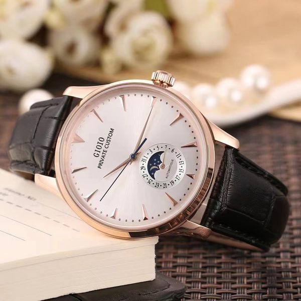

mens automatic watch mechanical moon phase black blue leather, Slivery;brown