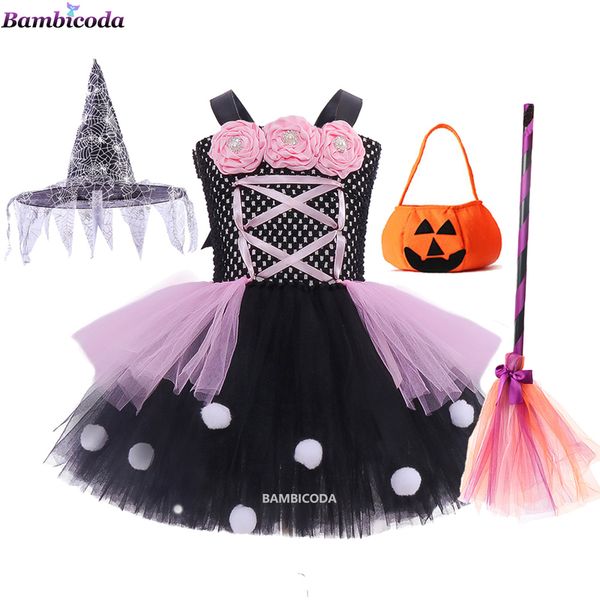 

special occasions halloween children girls witch party dress candy bag hat broom clothing sets ghost cosplay kids carnival mesh costume a220, Blue