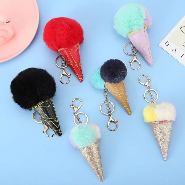 

double color ice cream keychain soft artificial rabbit hair ball keyring pompom key ring women shoulder bag car pendant gifts, Silver