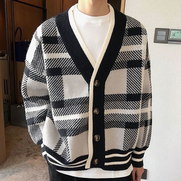 

men's jackets cardigan men spring korean style simple design plaid knitting retro casual vneck loose vintage quality sweater chandails, Black;brown