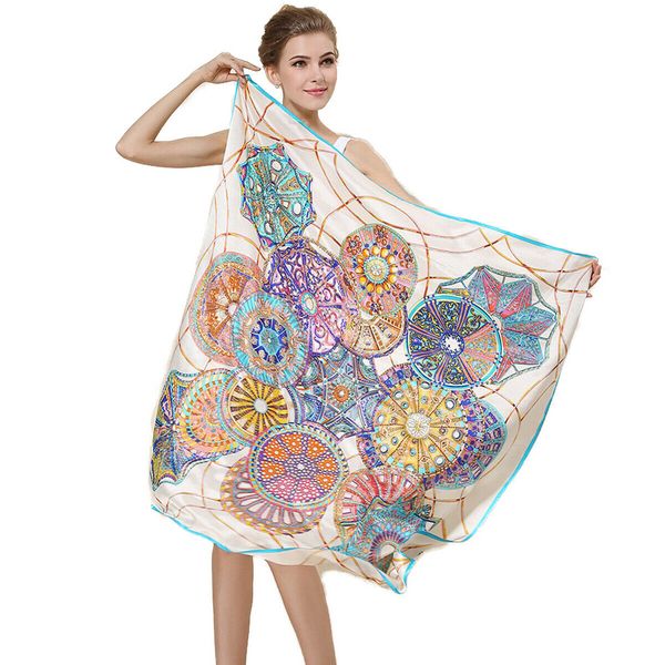 

100% silk scarf shawl women's square oversized cape wraps 110cm, Blue;gray