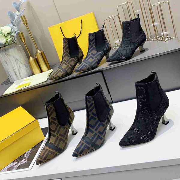 

designer boots ff boots luxury women shoes high heeled ankle shoe pointed toes mesh leather outsole booties, Black