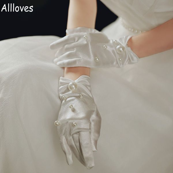 

elegant ivory satin pearls bridal gloves with bowknot full finger wrist length short women gloves for wedding prom party brides accessories, White