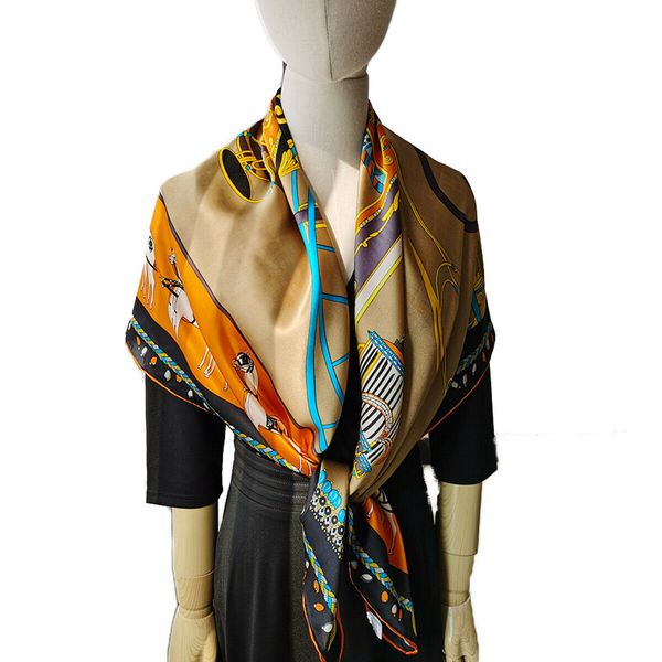 

women 100% silk scarf shawl oversized square cape carriage brown 110cm, Blue;gray