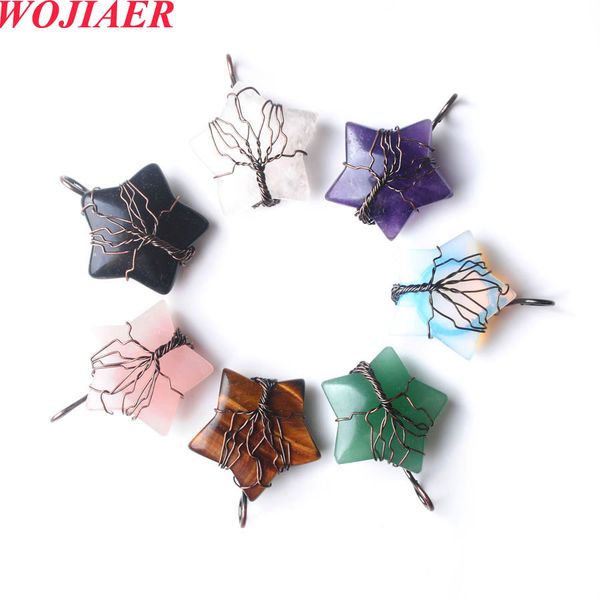 

wojiaer natural pendant opal stone wire wrap pentagon star for jewelry making crystal bo975, Silver