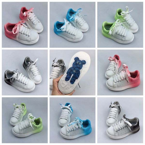 

fashion youth kids shoes gradual change white red black blue single strap outsized sneaker rubber sole soft calfskin leather lace-up trainer