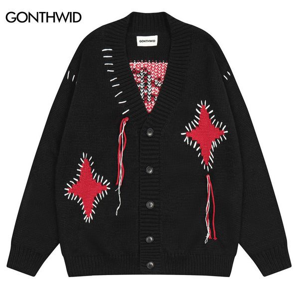 

men's jackets hip hop cardigan sweater streetwear vintage knitted letter vneck button jacket men women harajuku fashion gothic sweater, Black;brown