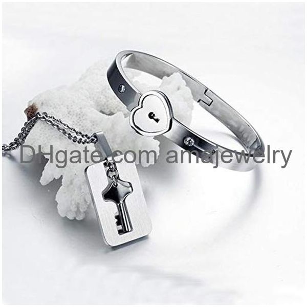 

pendant necklaces lock bracelet and key necklace titanium steel couples jewelry romantic gift for valentines day birthday christmas wed amrn, Silver
