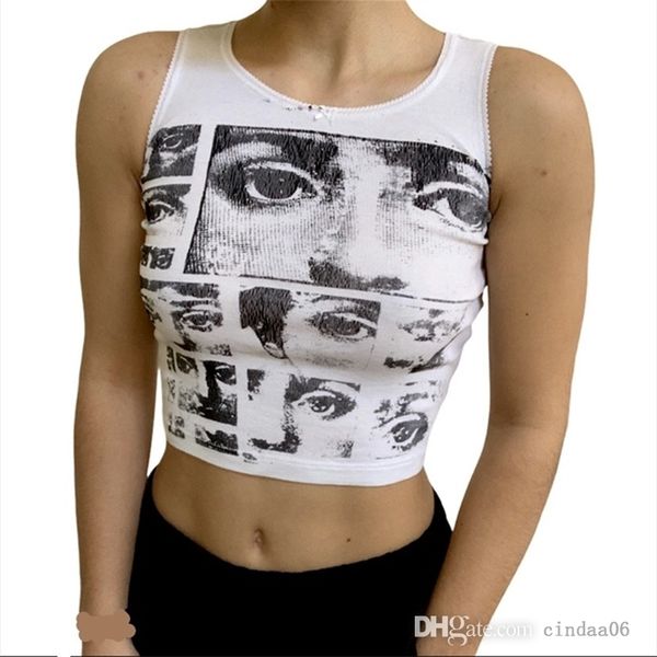 

tanks women vest new fashion printed round neck sleeveless t-shirt slim short tee, White