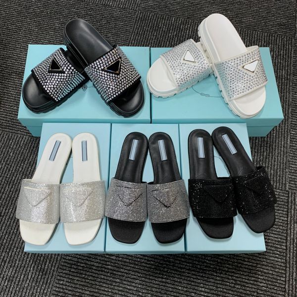 

designer crystal satin sandals ladies muller slippers summer flat diamond sandals soles rubber sole slide casual fashion party ladie sizes 3, Black