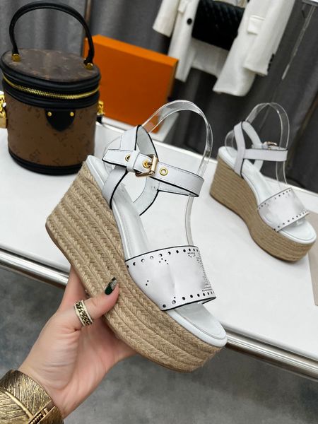 

sandals 2022 starboard wedge sandal women designer sandals high heel espadrilles natural perforated calf leather lady slides outdoor shoes, Black