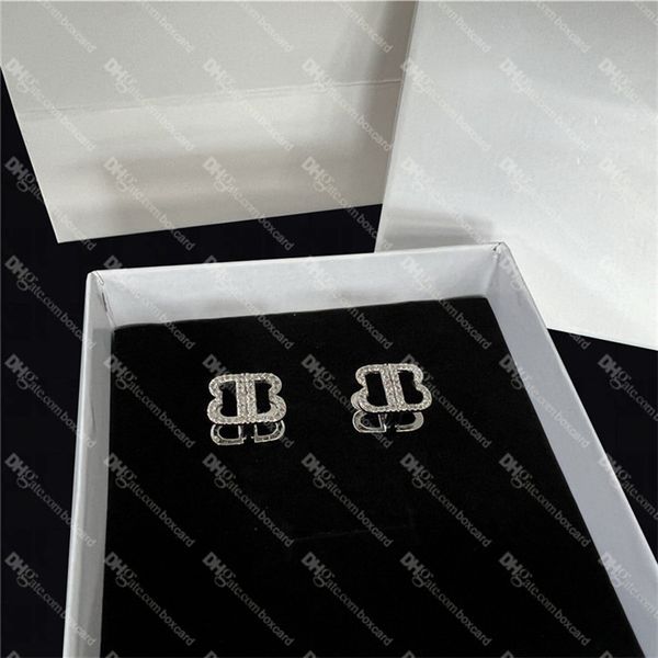 

double letters 3d charm earrings women diamond two sided studs rhinestone silver eardrops with gift box, Golden